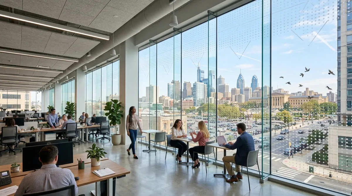Philadelphia institutional building with Bird Divert fritted pattern film on full-height glass wall, migration season