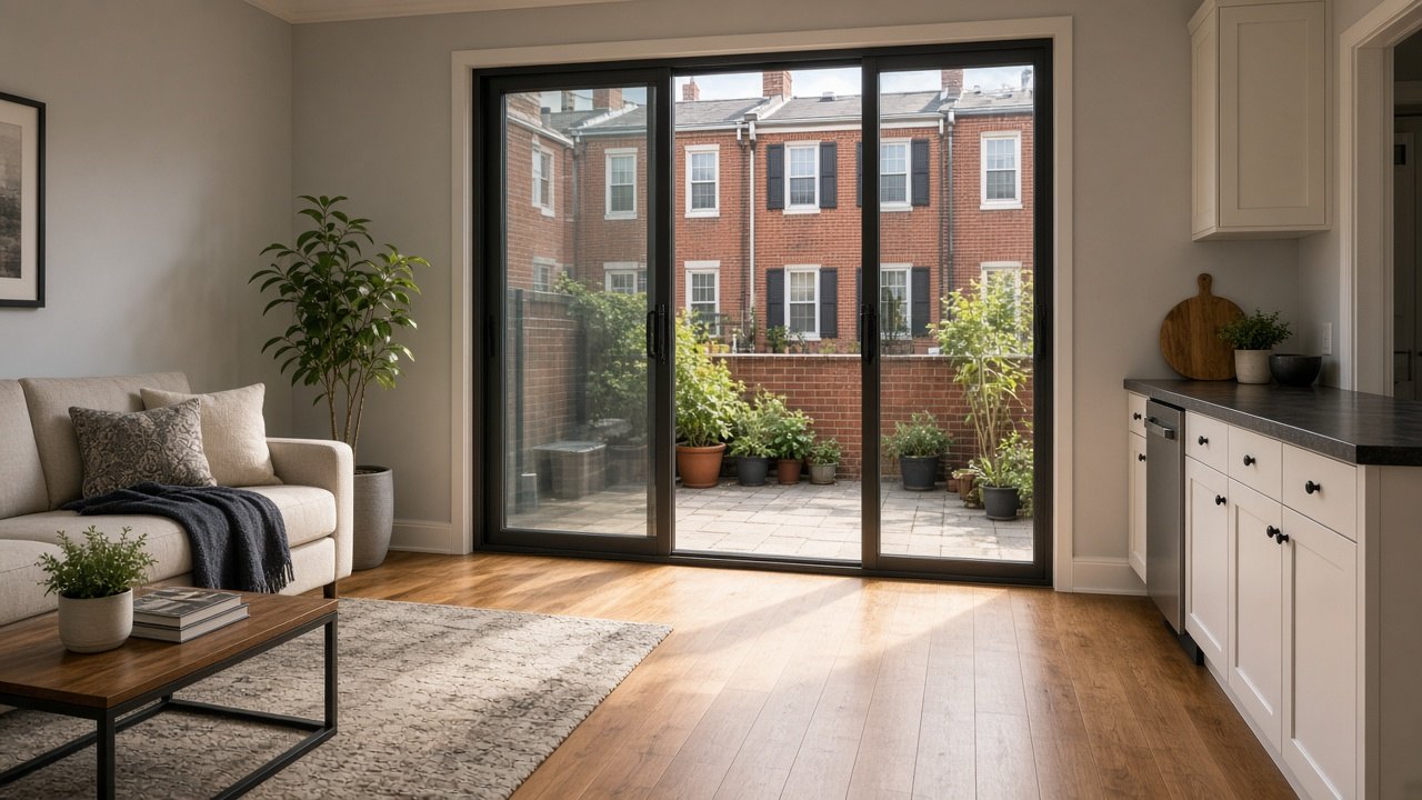 Sunny Philadelphia rowhome living room with a large sliding glass patio door opening onto a brick-walled backyard patio Sunny Philadelphia rowhome living room with a large sliding glass patio door opening onto a brick-walled backyard patio