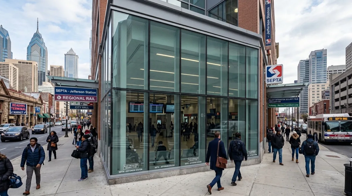 Transit hub bomb blast film Philadelphia Transit hub security film protecting Philadelphia public glass
