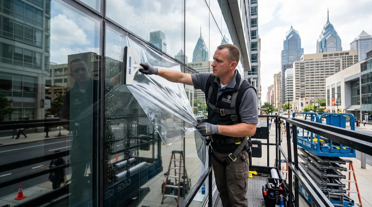 Bomb blast window film installation Philadelphia office tower Blast film installation on office tower glass in Center City Philadelphia