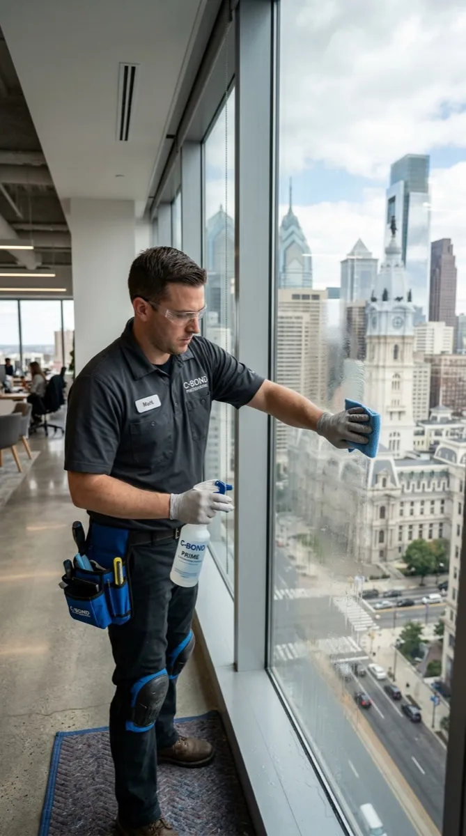 C-Bond window film primer installation Philadelphia Certified C-Bond installer applying liquid nanotechnology primer to Philadelphia glass