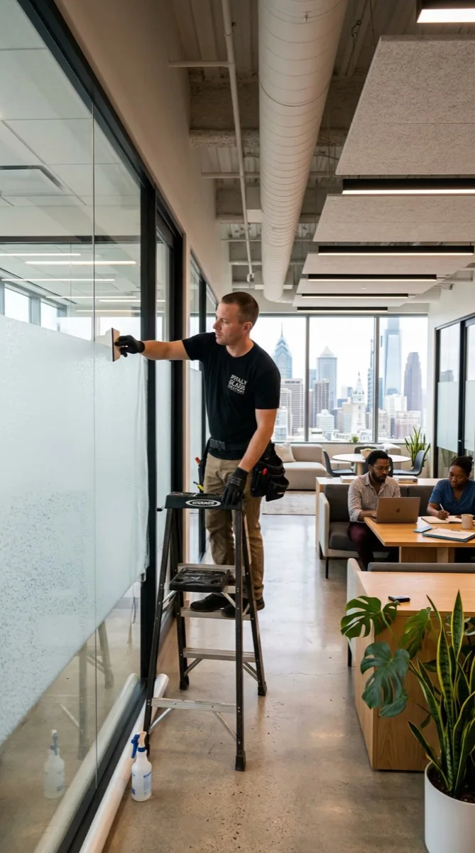 Casper Cloaking Film applied to glass office partition in Philadelphia conference room