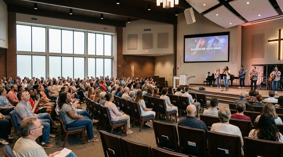 Comfortable church congregation seating with glare-reduction film preserving warm natural sanctuary light