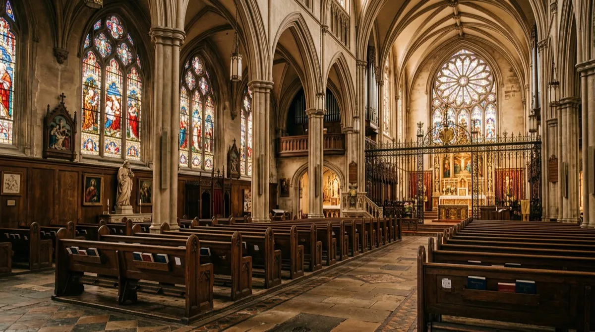 Sanctuary interior with stained glass protected by window film