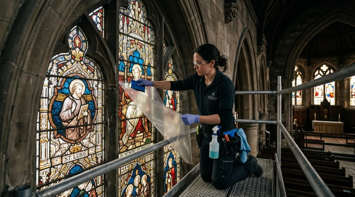 Professional installer applying conservation-grade film in a church building