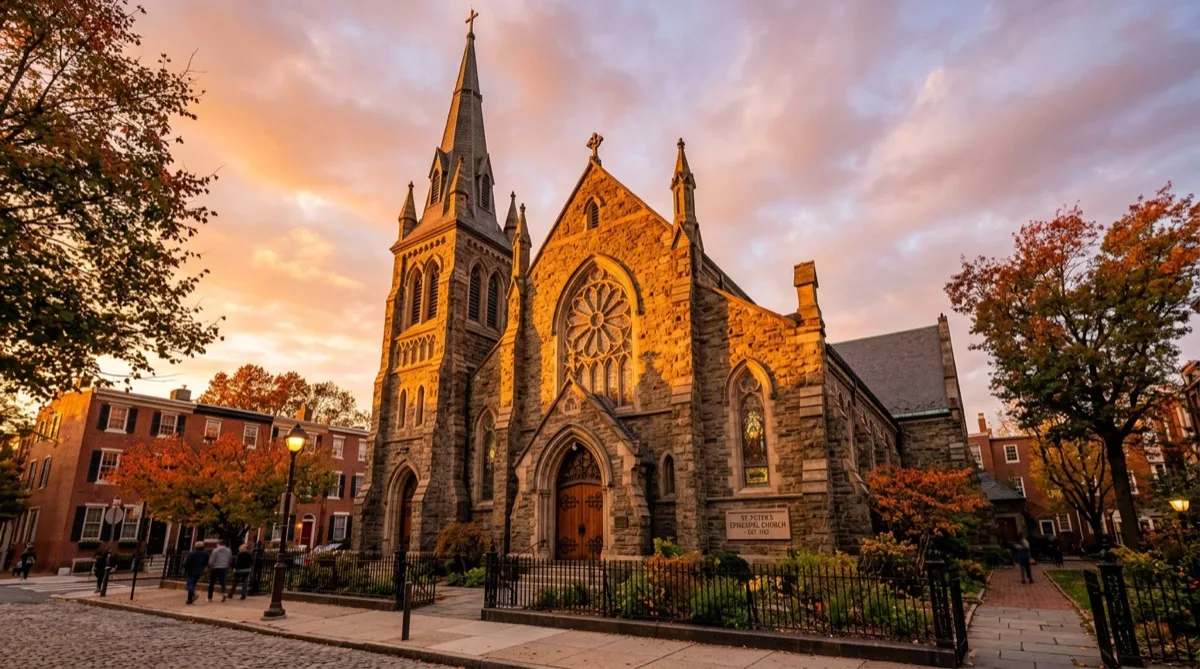 Historic Philadelphia church exterior with protected architectural glass