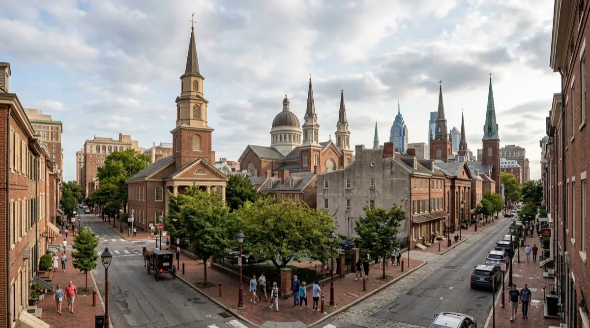 Wide view of a Philadelphia church district served by church window film installation crews