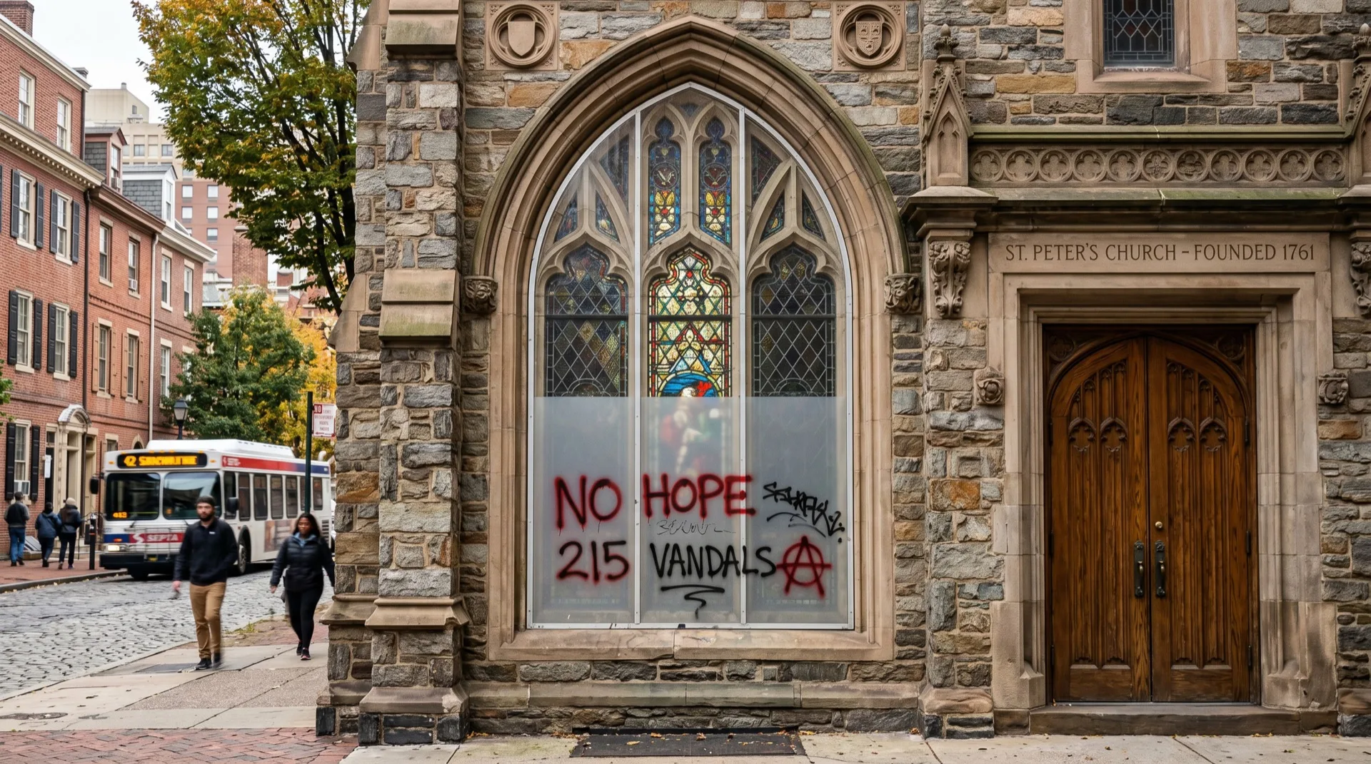 Anti-graffiti film protecting street-level church architectural glass from etching