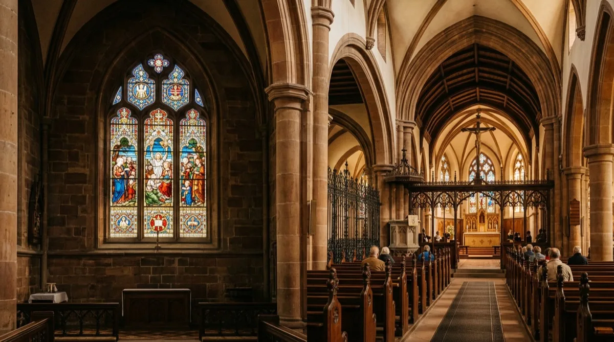 Historic stained glass rose window protected by conservation-grade UV film on interior clear glass