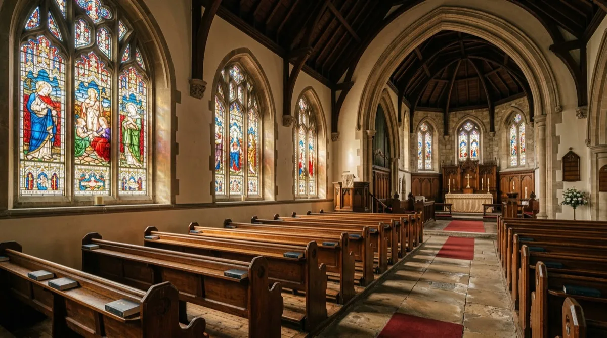 Historic Philadelphia church interior with stained glass and conservation-grade window film protection