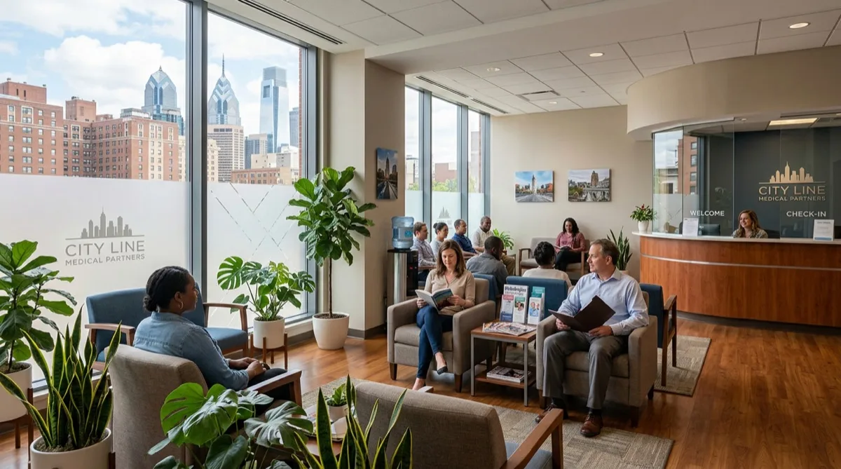 Medical clinic waiting room with frosted lower window panels, calm patient environment Medical clinic waiting room with frosted lower window panels, calm patient environment