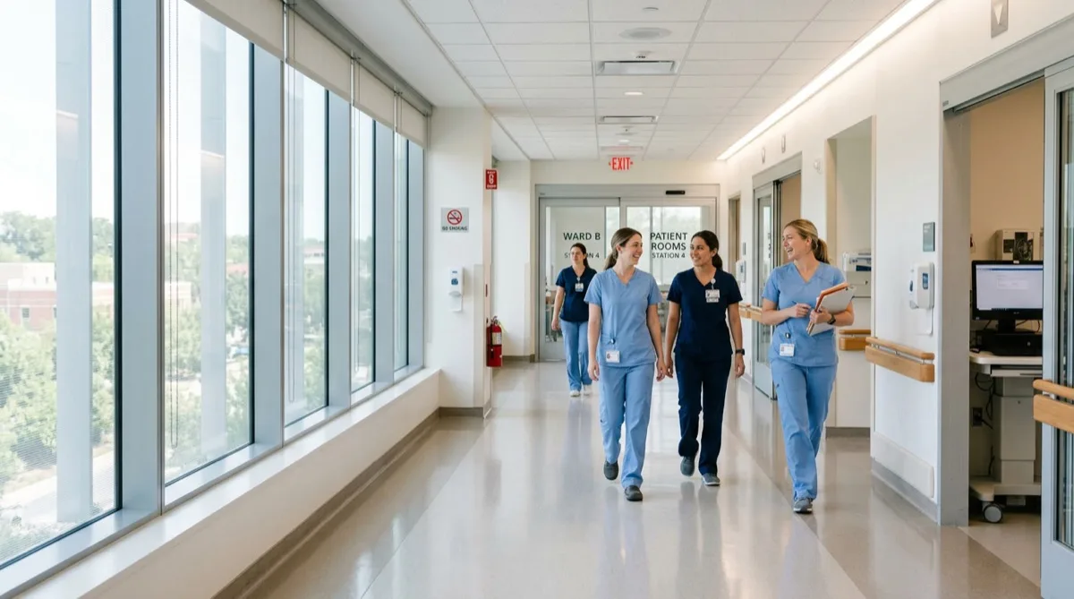 Hospital corridor with soft controlled natural light through treated glass, nurses at station Hospital corridor with soft controlled natural light through treated glass, nurses at station