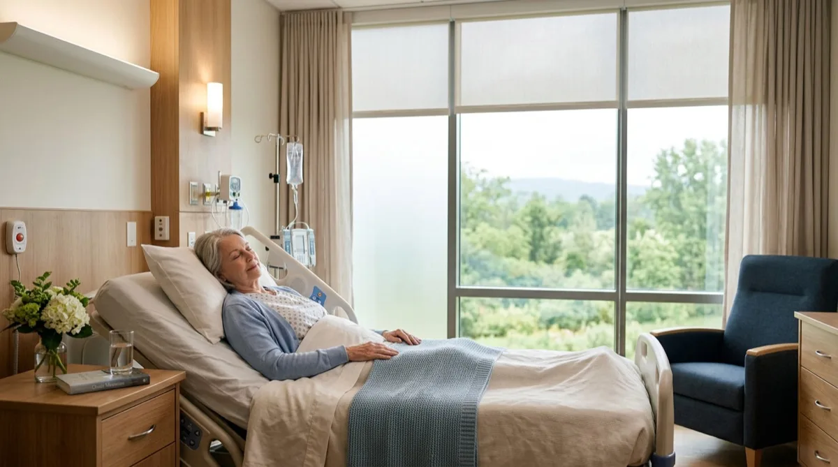 Hospital patient room with soft filtered healing light through treated windows, Philadelphia Hospital patient room with soft filtered healing light through treated windows, Philadelphia