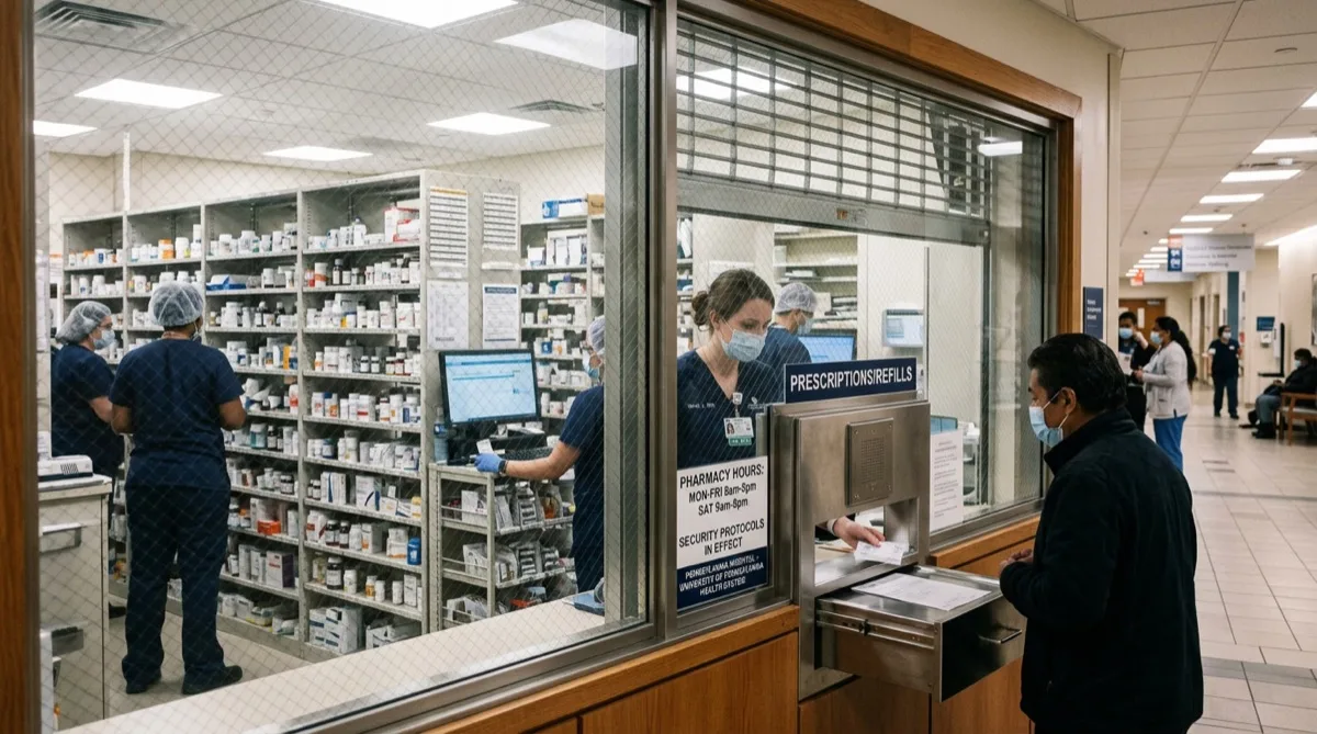 Hospital pharmacy window with security film, professional secure clinical environment Hospital pharmacy window with security film, professional secure clinical environment