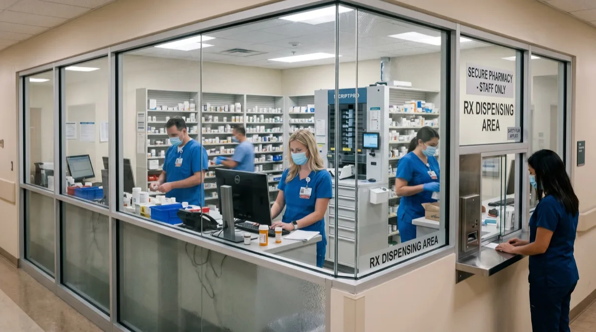 Safety and security film on hospital pharmacy glazing Safety and security film on hospital pharmacy glazing