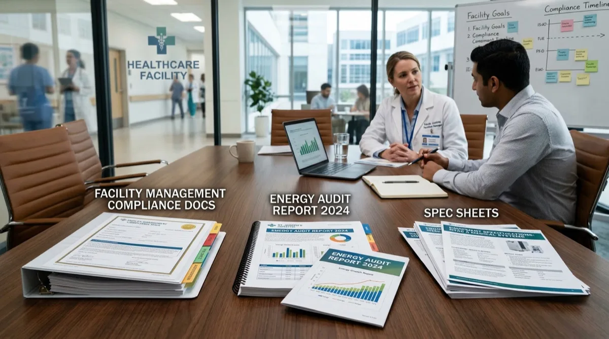 Healthcare facilities team reviewing hospital window film specifications and product data Healthcare facilities team reviewing hospital window film specifications and product data