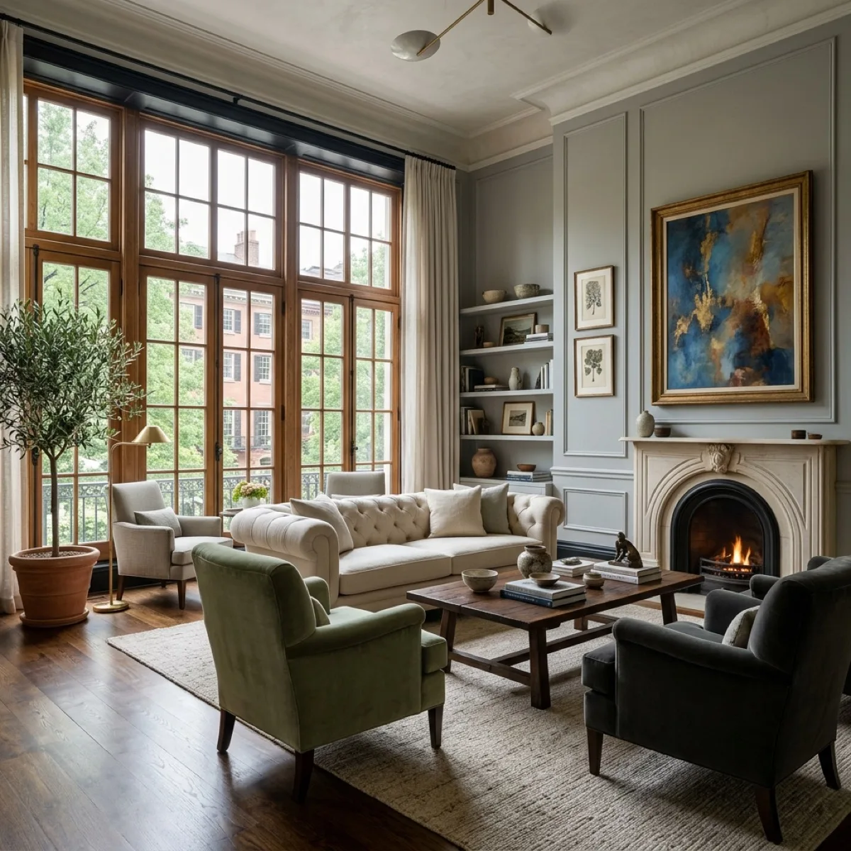 Sunlight streaming through tall windows onto dark walnut hardwood floors in a Philadelphia townhouse