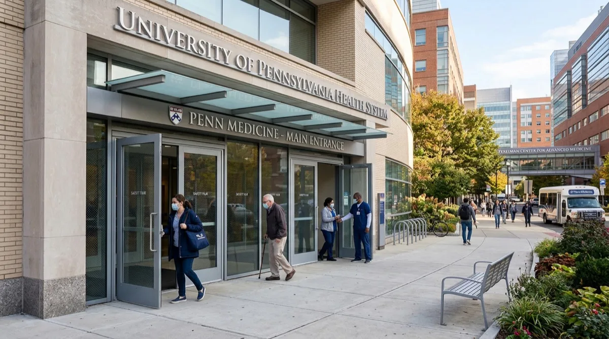 Medical building entrance with safety film on glass doors, patients entering, Philadelphia Medical building entrance with safety film on glass doors, patients entering, Philadelphia