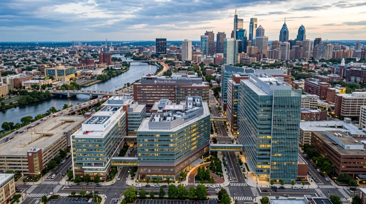Philadelphia hospital campus rooftop or aerial view, urban medical district Philadelphia hospital campus rooftop or aerial view, urban medical district