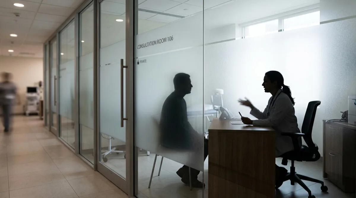 Medical consultation area with frosted privacy window film and natural light Medical consultation area with frosted privacy window film and natural light