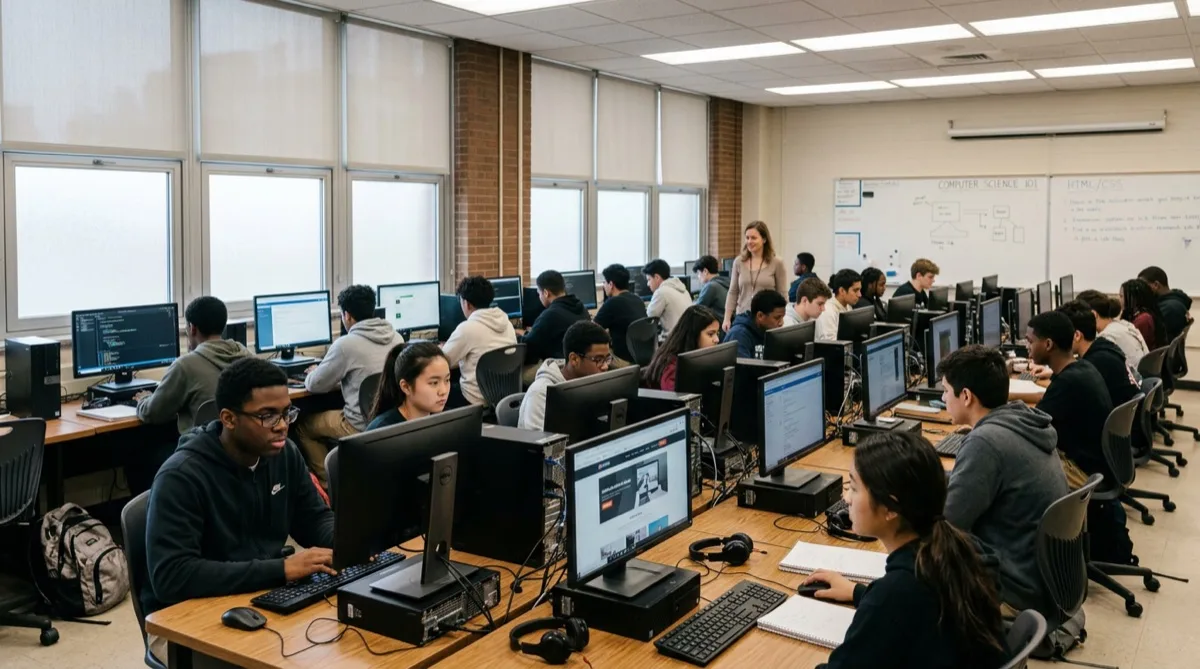 School computer lab, no screen glare, students focused School computer lab, no screen glare, students focused