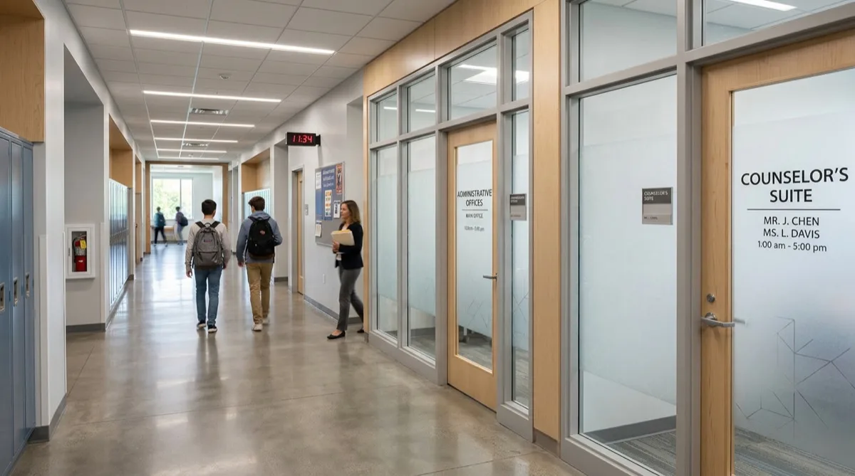 School hallway with frosted privacy film on counselor office windows School hallway with frosted privacy film on counselor office windows