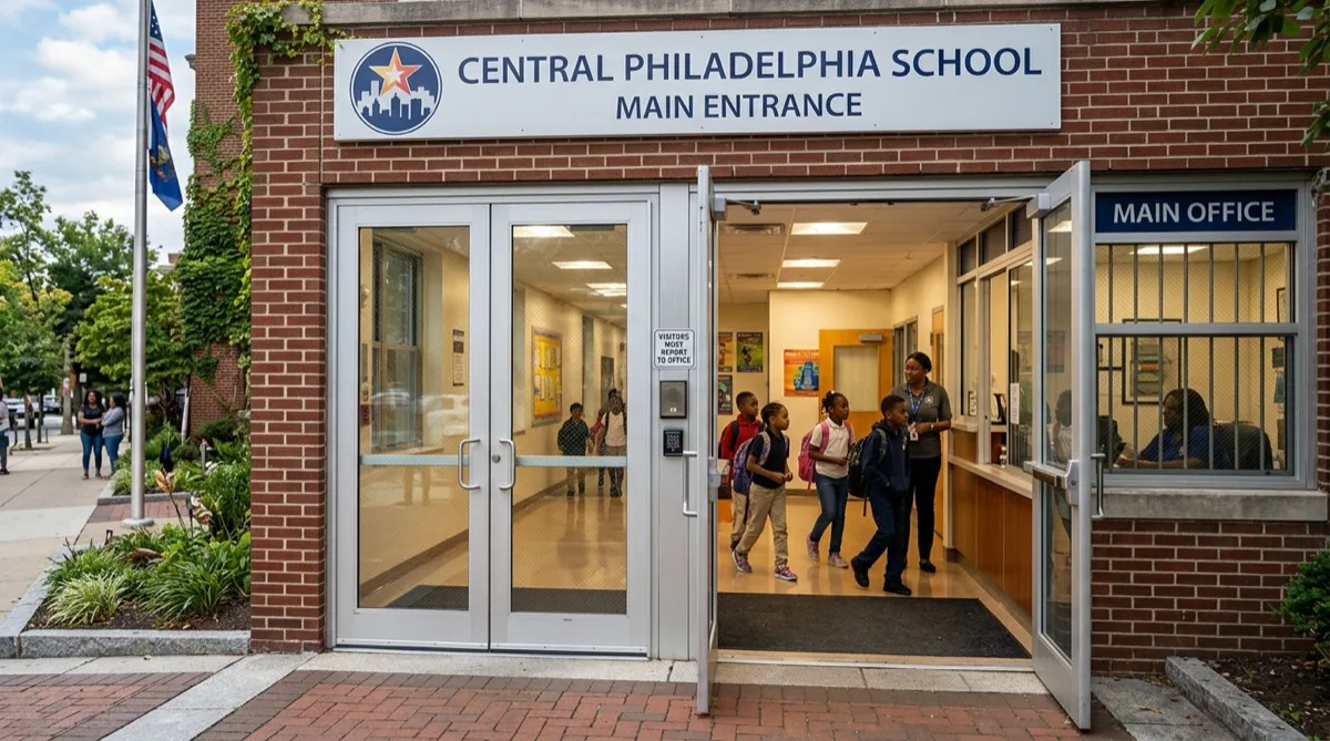 School security window film Philadelphia entrance glass School entrance glass protected with clear security film in Philadelphia