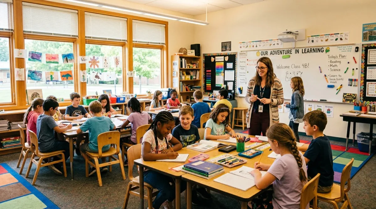 Elementary classroom with bright filtered natural light through treated windows, Philadelphia Elementary classroom with bright filtered natural light through treated windows, Philadelphia