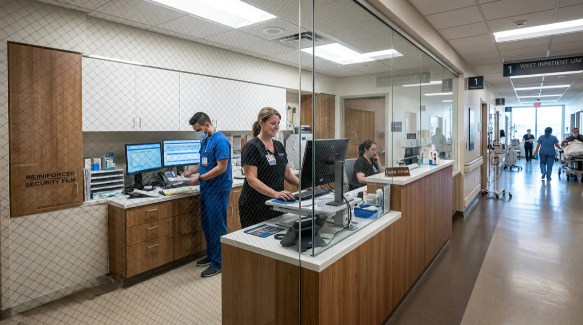Hospital pharmacy and secure clinical glazing with safety and security window film Hospital pharmacy and secure clinical glazing with safety and security window film