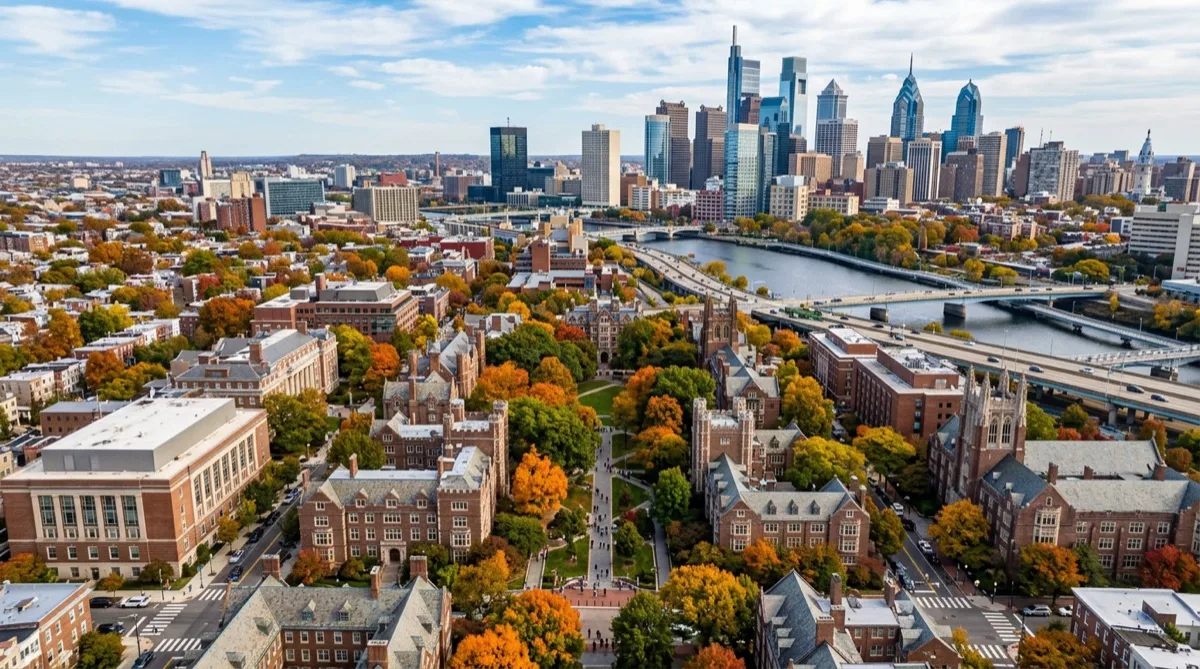 Philadelphia university campus aerial view, autumn foliage Philadelphia university campus aerial view, autumn foliage