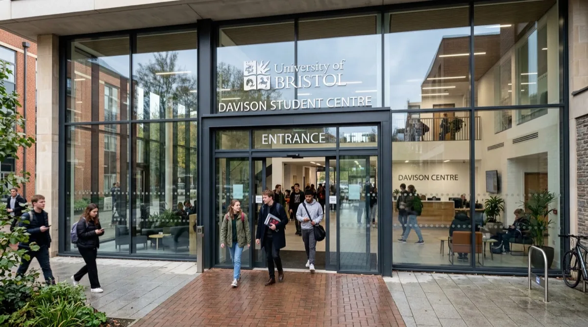University glass entrance with clear safety film, students entering University glass entrance with clear safety film, students entering