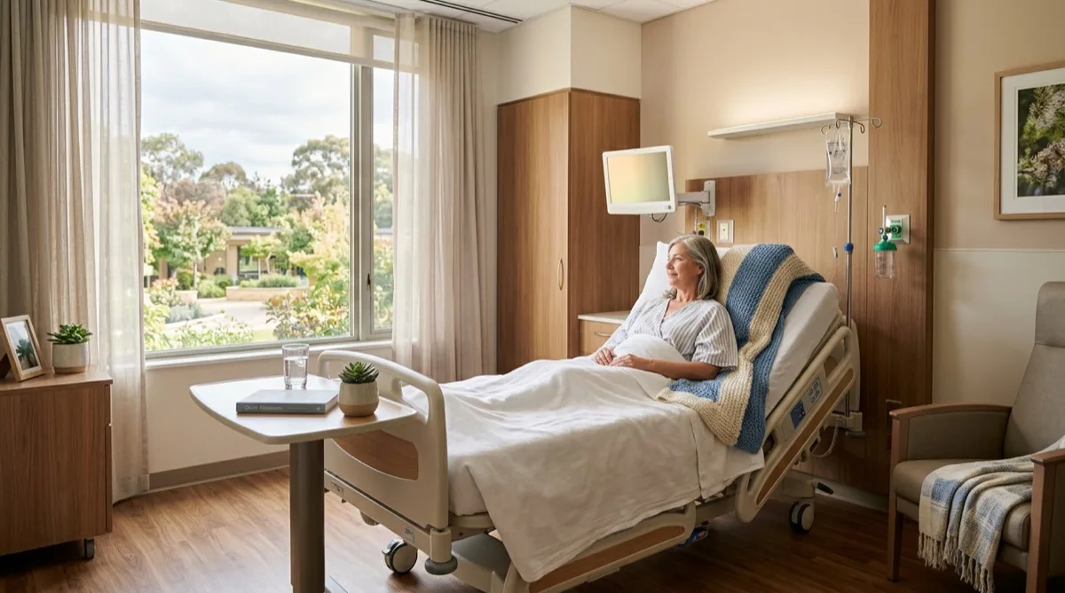 Patient room with UV protection window film and soft filtered daylight Patient room with UV protection window film and soft filtered daylight